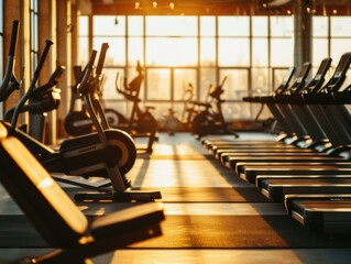 A gym with tread machines and sun setting in the background. Generative AI.