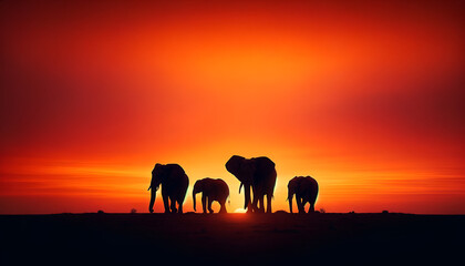 Fototapeta na wymiar African elephant herd silhouette against a vivid orange sunset backdrop, embodying the wild's serene end-of-day march. Generative AI.