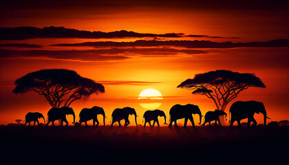 African elephant herd silhouette against a vivid orange sunset backdrop, embodying the wild's...