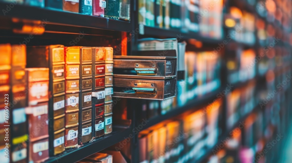Aufkleber a row of books on a shelf in a library. generative ai.
