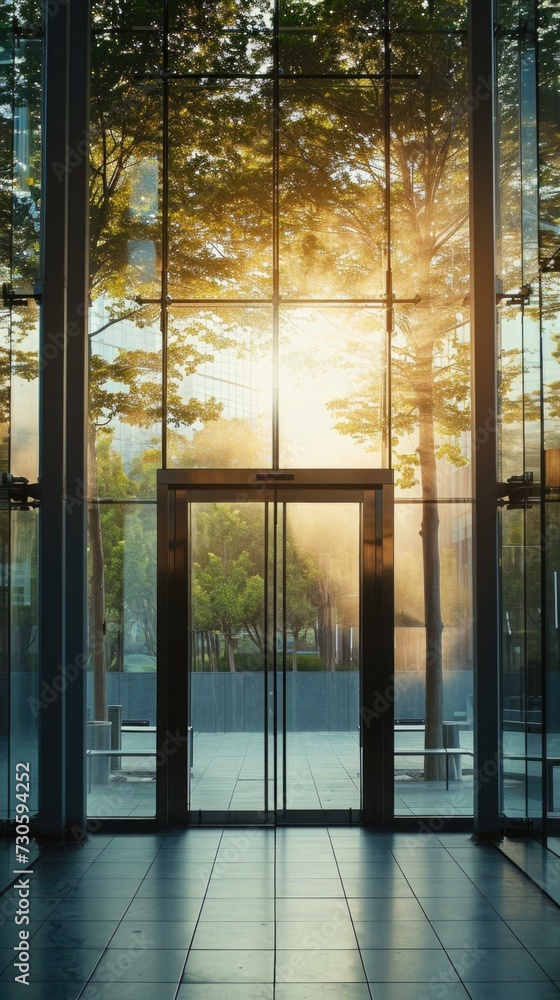 Poster an empty lobby with a glass door and trees. generative ai.