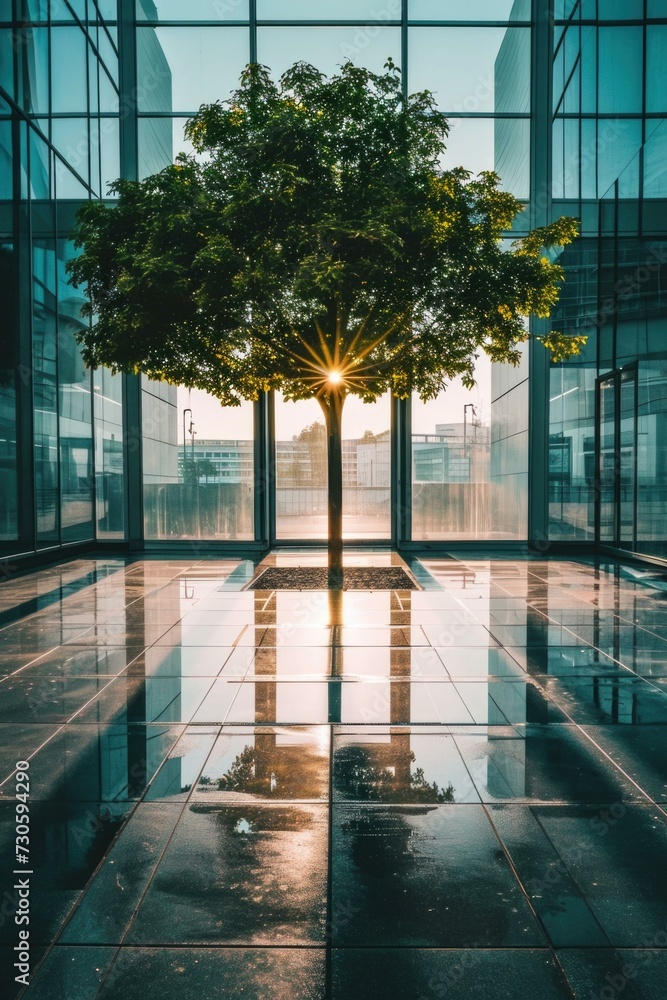 Poster a tree in a large office building with the sun shining through the windows. generative ai.