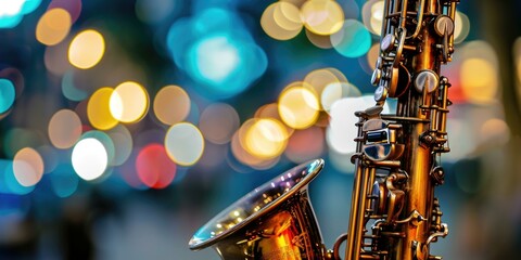 A saxophone is shown in front of a city background. Generative AI.