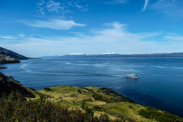 Cruise sailing through the Beagle Channel. Ushuaia
