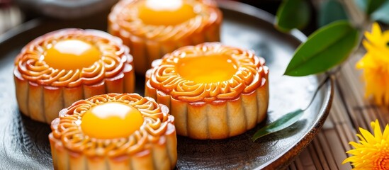 Obraz na płótnie Canvas Chinese bakery item traditionally consumed during Mid Autumn Festival is durian moon cake served on a plate with egg yolk.