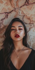 Latina Woman in Creative Dreamlike Nostalgic Pink, Brown, Cream Background - Direct Gaze with Makeup defined Eyebrows and Red Lipstick - Dark Hair and Black Dress created with Generative AI Technology