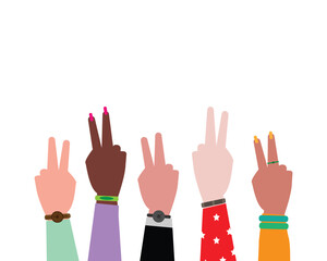 Many hand raised of different nationalities and religions. multi ethical, diversity and multiculturalism concept.
