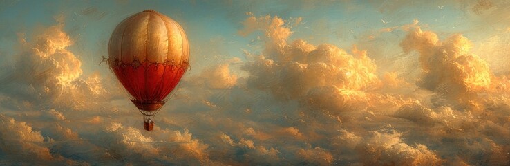 Obraz premium Vintage hot air balloons in the clouds, sketched lines in sepia, soft sky blues