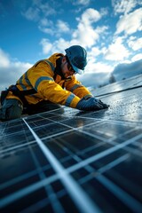 A man in a yellow jacket and hard hat working on a solar panel. Generative AI.