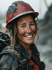 A woman wearing a hard hat and smiling. Generative AI.