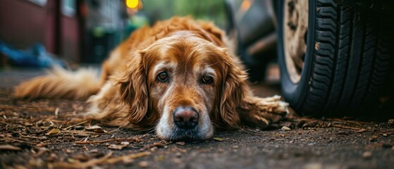 A dog laying on the ground next to a car. Generative AI.
