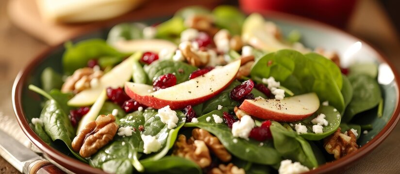 Fresh baby spinach, red apple, cranberry, walnuts, and feta cheese make up a homemade salad.