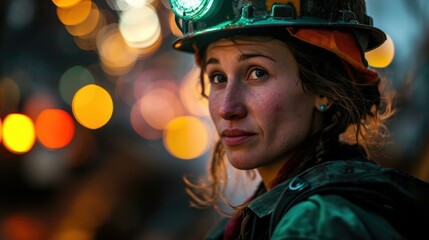 A woman wearing a hard hat and looking at the camera. Generative AI.