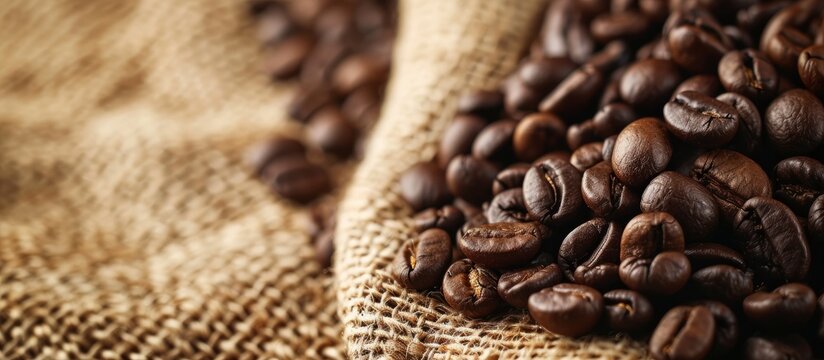 Blurred coffee beans in burlap with space on the left.
