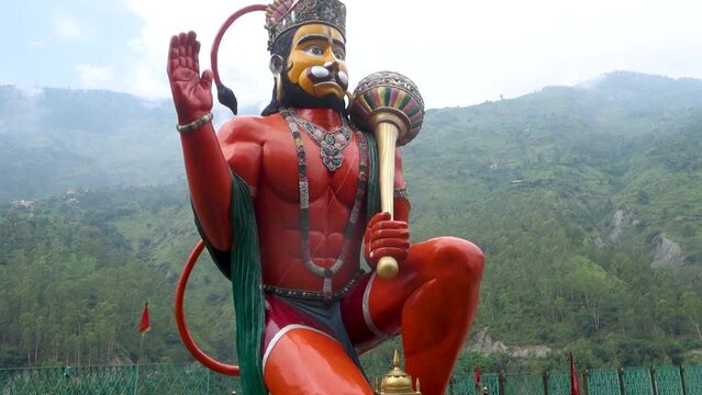 Giant Lord Hanuman statue gracing Himachal Pradesh hills, India