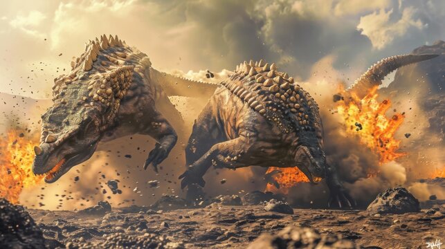 A pair of ankylosaurs battle it out over territory their thick armored bodies providing protection against the unpredictable eruptions of the nearby volcano.