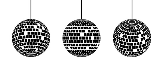Black disco ball set. Collection of shining spheres in different angles. Turning music globes or planet bundle. Sparkling Mirror ball elements pack for poster, banner, music cover, party. Vector - obrazy, fototapety, plakaty