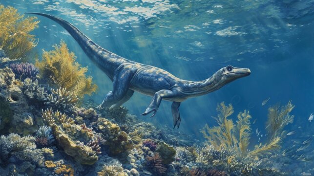 A mighty Elasmosaurus glides through the water its long body undulating in perfect harmony with the gentle current of the coral reef.