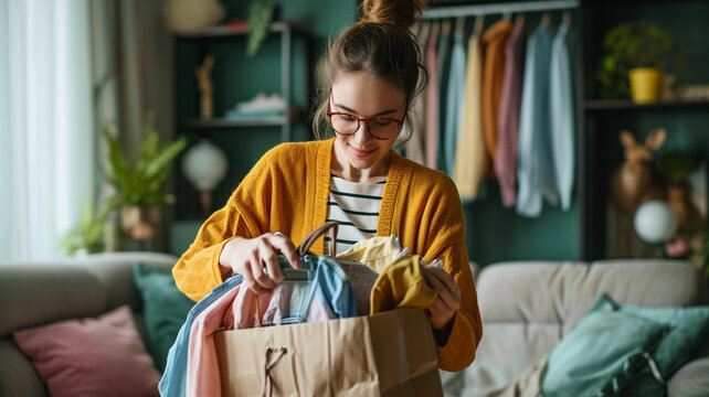 Woman sorting old clothes to donate, recycle and declutter
