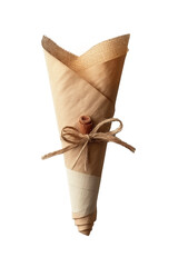 A empty craft paper wrapping cornet tied with beige canvas ribbon die cut PNG file.
