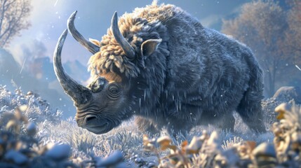 An impressive woolly rhinoceros its curved horns glistening with ice crystals as it grazes on frozen vegetation. - obrazy, fototapety, plakaty