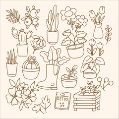 set of hand drawn flowers and leaf cute
