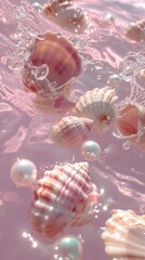 Pearl and crystal shells gracefully floating in a pool of water, with a soft light pink hue, evoking a Y2K aesthetic reminiscent of the early 2000s.