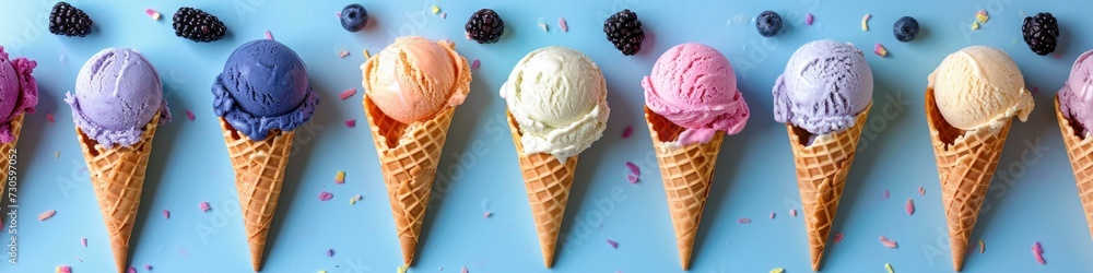 Poster a row of ice cream cones with different colors. generative ai.