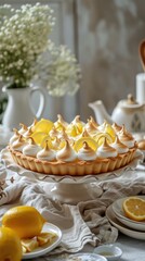 Obraz na płótnie Canvas Lemon meringue pie on a white plate with lemons and flowers. Generative AI.