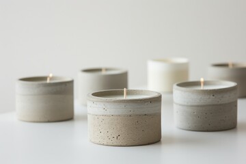 A series of minimalist candles in concrete containers, displayed in a row, providing a modern and simplistic aesthetic.