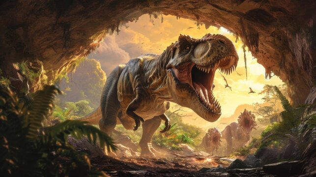 A ferocious tyrannosaurus rex ambushes a group of unsuspecting hadrosaurs from within a hidden underground cave.