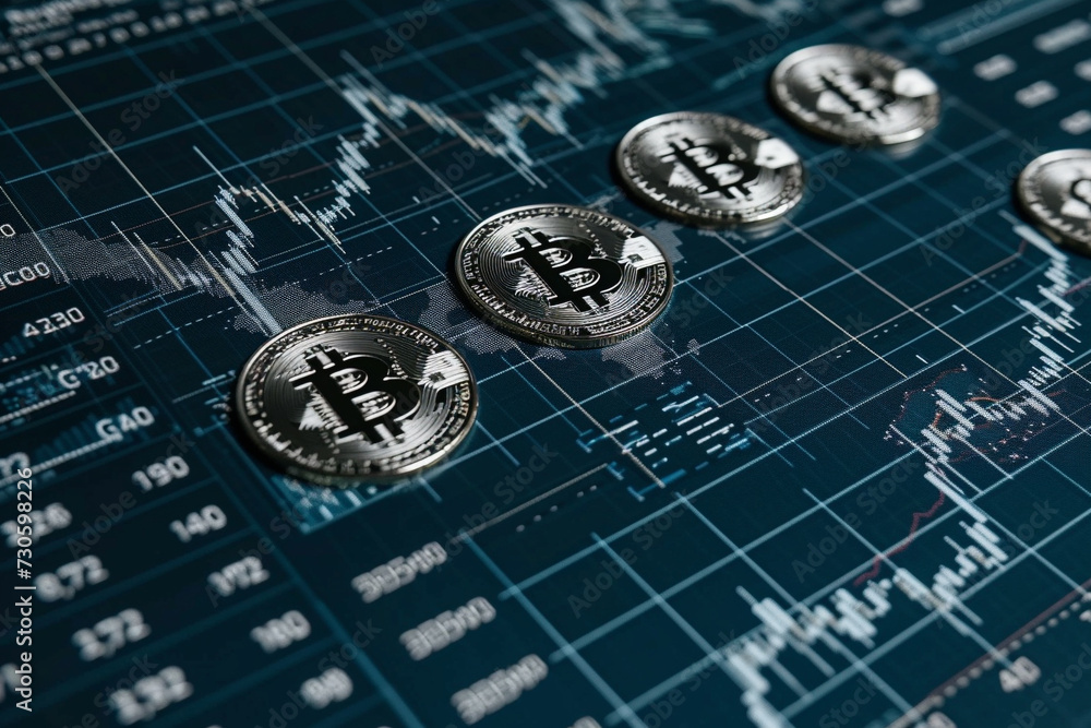 Poster physical bitcoin tokens rest on a digital display showing fluctuating cryptocurrency market data and