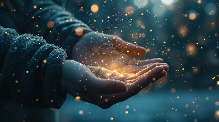 A person's palms are covered in magic particles.