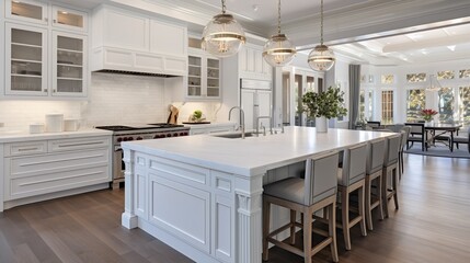 Elegant Classic White Kitchen with Timeless Marble Accents - obrazy, fototapety, plakaty