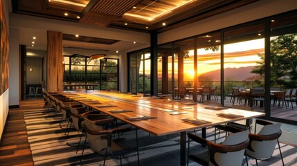 The glenclosed meeting room allows for transparency and collaboration in a warm and natural setting surrounded by the glow of the sunset.