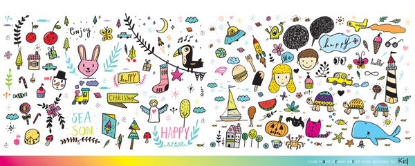 Vector illustration of Doodle cute for kid, Hand drawn set of cute doodles for decoration,Funny Doodle Hand Drawn, Summer, Doodle set of objects from a child's life,Cute animal