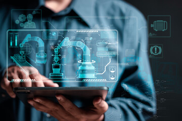 Smart industry 4.0 concept, Person use tablet with virtual screen of physical system, smart...