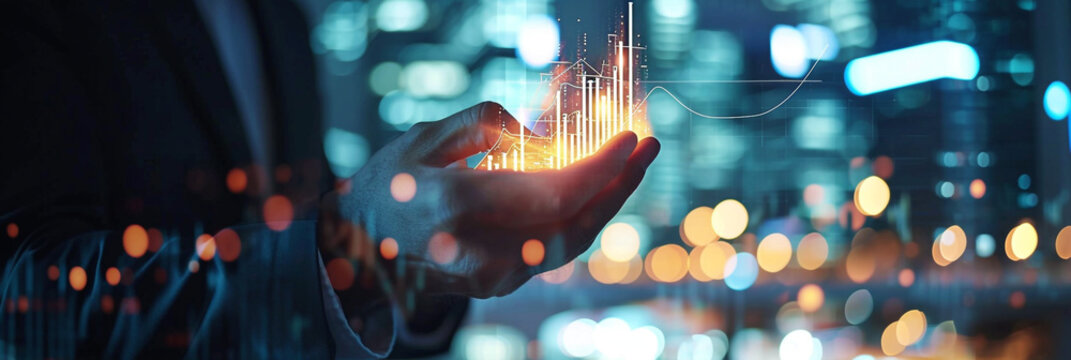 Businessman pointing a glowing stock market chart with a neon city background