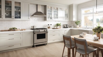 Fototapeta na wymiar Coastal Grandmother Chic: Soothing Neutrals & Timeless Comfort in the Kitchen