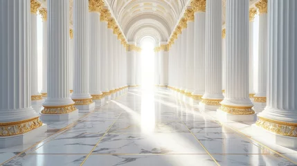 Fotobehang A digitally rendered image depicting a corridor with white pillars adorned in gold, creating an elegant background. © MdBaki
