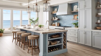 Fototapeta premium Coastal Grandmother Chic: Soothing Neutrals & Timeless Comfort in the Kitchen