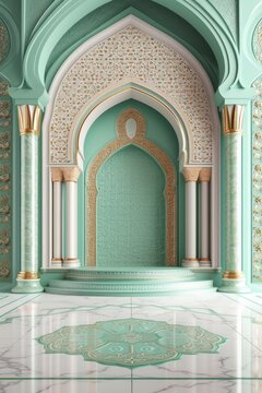 A 3D Islamic podium resembling a decorated mimbar, featuring a color palette of green, gold, bronze, and pastel tones.