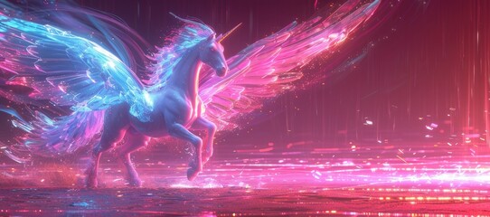 A background featuring a metallic neon depiction of Pegasus, accompanied by crystal quartz elements, creating a mystical and enchanting aesthetic.