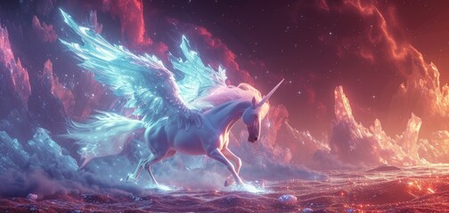 A background featuring a metallic neon depiction of Pegasus, accompanied by crystal quartz elements, creating a mystical and enchanting aesthetic. - obrazy, fototapety, plakaty
