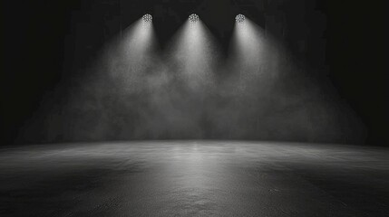 Spotlights cast their beams onto an empty stage against a dark background, atmosphere of anticipation and potential for performance or presentation. - obrazy, fototapety, plakaty