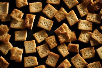 Round bread rusks pile, whole wheat toast slices isolated on black background, top view. generative ai