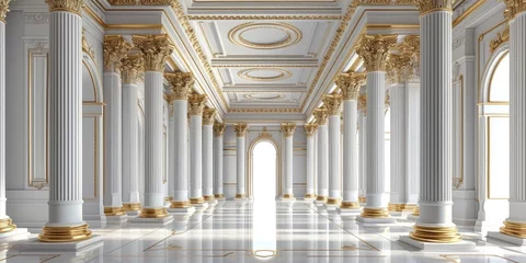 Fotobehang A digitally rendered image depicting a corridor with white pillars adorned in gold, creating an elegant background. © MdBaki
