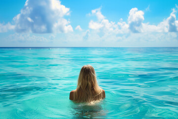 young blonde woman walks into turquoise sea water, rear view