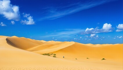 Fototapeta na wymiar A vast desert landscape with towering sand dunes and a bright blue sky with fluffy white clouds.