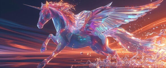 A background featuring a metallic neon depiction of Pegasus, accompanied by crystal quartz elements, creating a mystical and enchanting aesthetic.